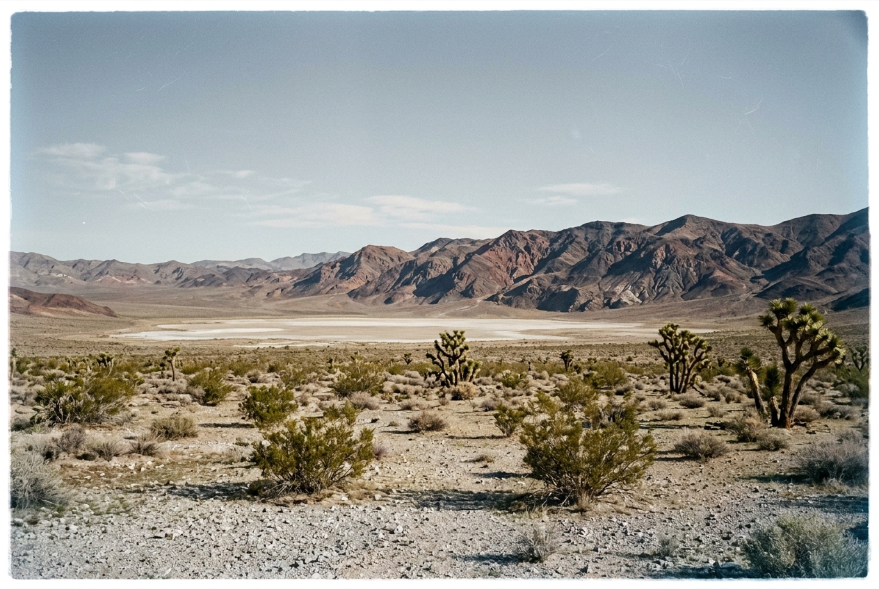 Creosote bushes and tree yuccas spread far apart across a Mojave basin, for desert quotes