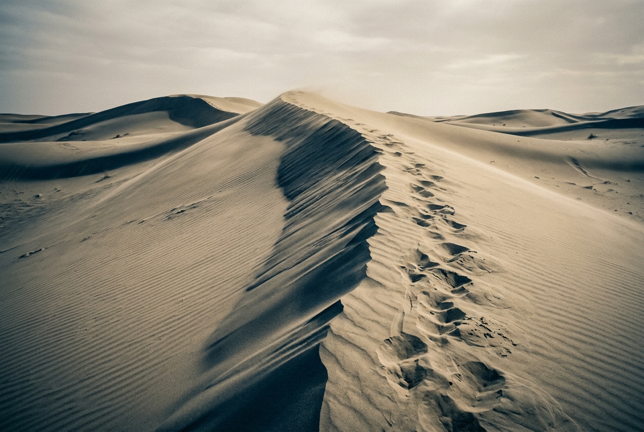 Footprints on a rippled dune crest slowly filling with blowing sand, for desert quotes