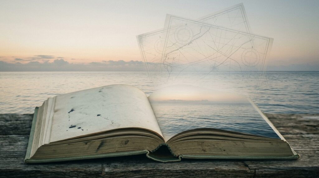 Open book opening onto an ocean horizon with faint sea charts, for David Mitchell travel quotes