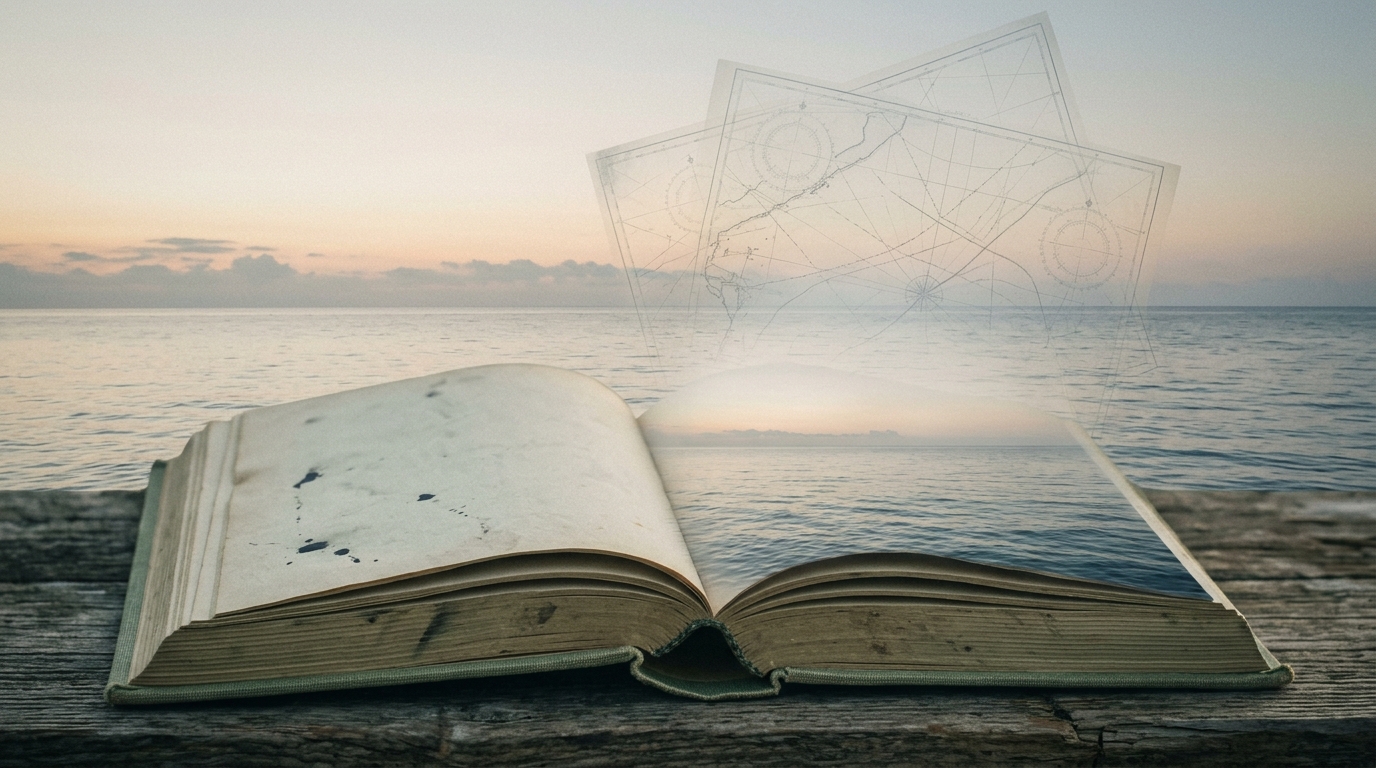 Open book opening onto an ocean horizon with faint sea charts, for David Mitchell travel quotes