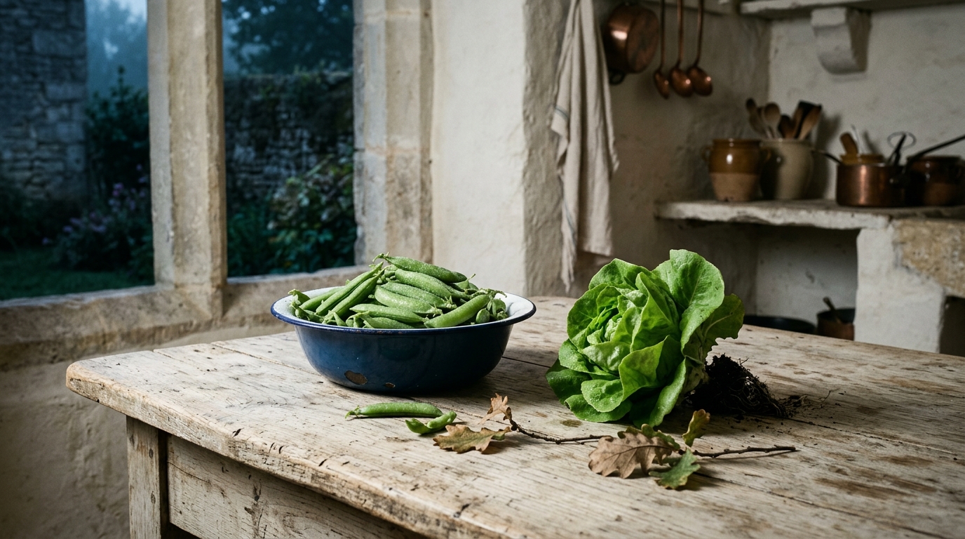 South-west France farm kitchen table at dawn with just-picked peas, a dew-wet lettuce and oak leaves for Alain Ducasse travel quotes