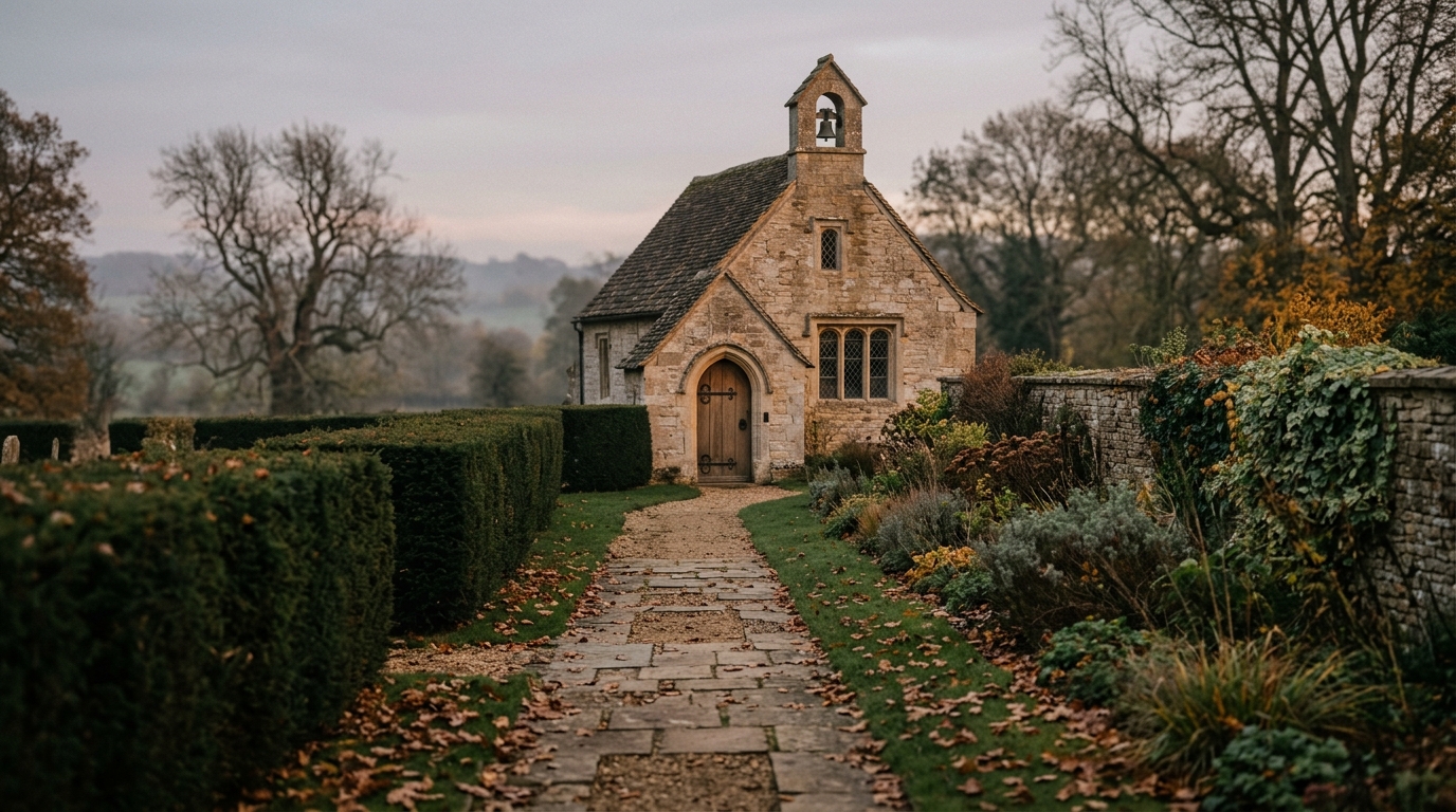 The 17th-century chapel and walled garden at Little Gidding, Huntingdonshire, the place that names the final section of T.S. Eliot's Four Quartets.