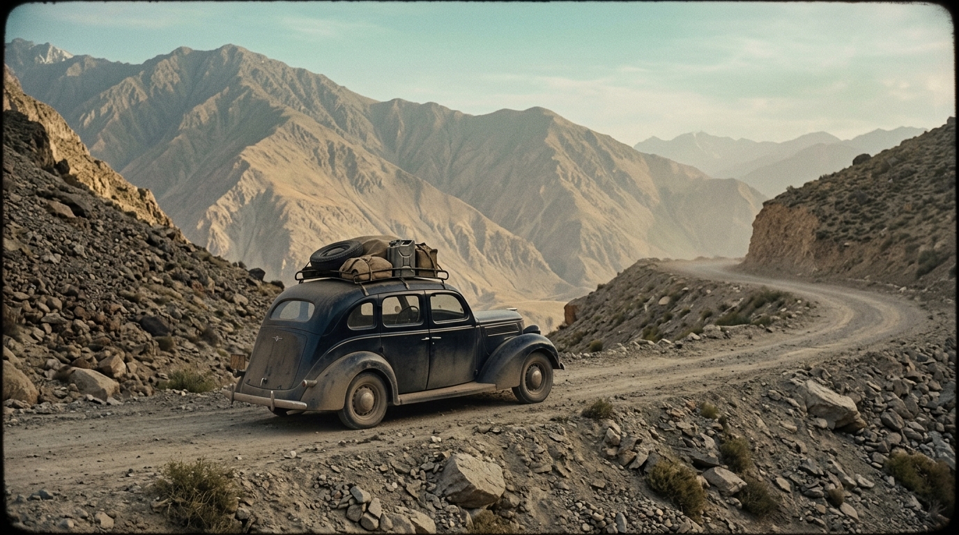 A 1930s Ford on a remote Central Asian mountain road, evoking Ella Maillart's 1939 overland journey from Geneva to Kabul