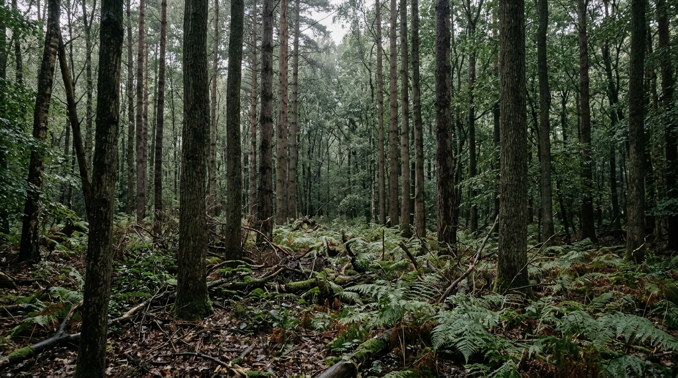 Looking between the trunks into the interior of a temperate forest on an overcast day, ferns and leaf litter on the ground