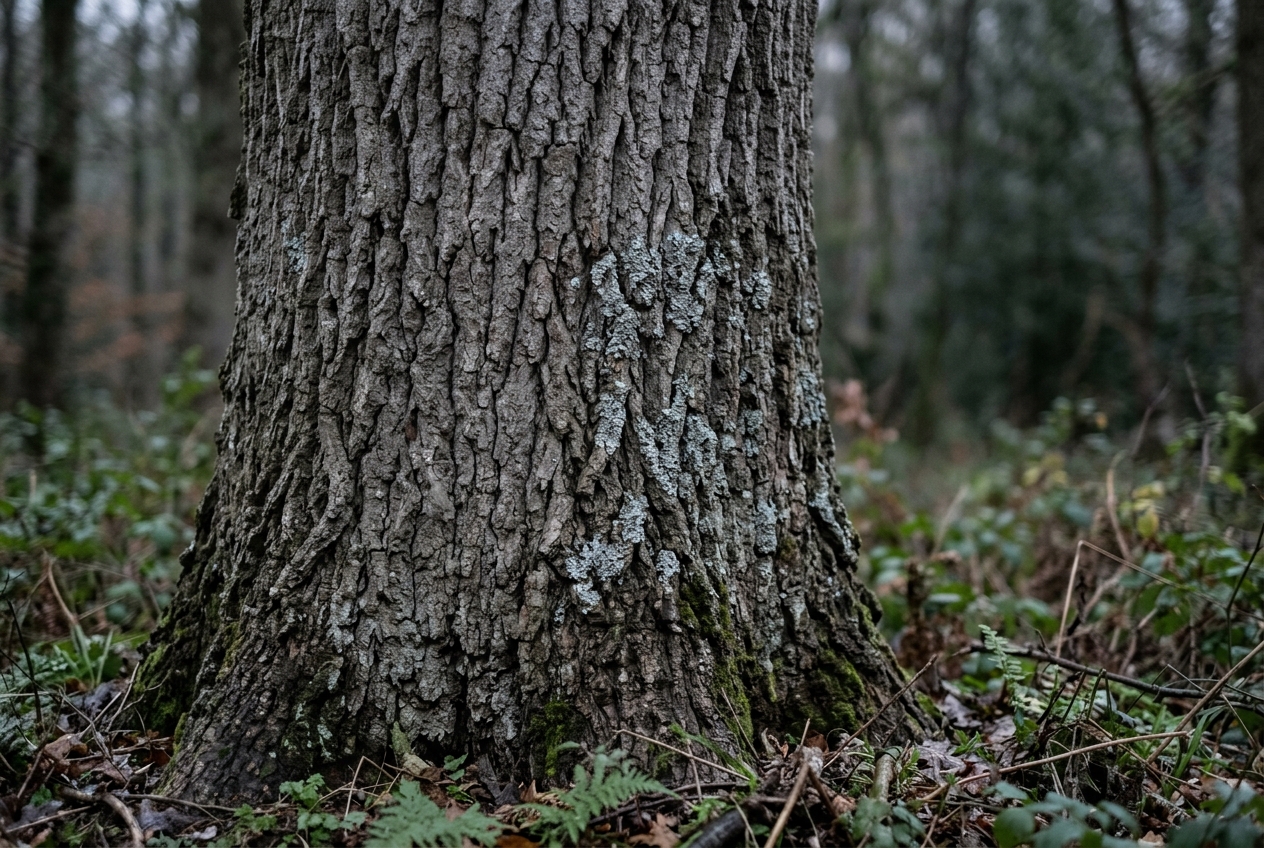 Close view of a mature tree trunk showing deep furrowed bark and lichen, with the forest behind it out of focus used for forest quotes