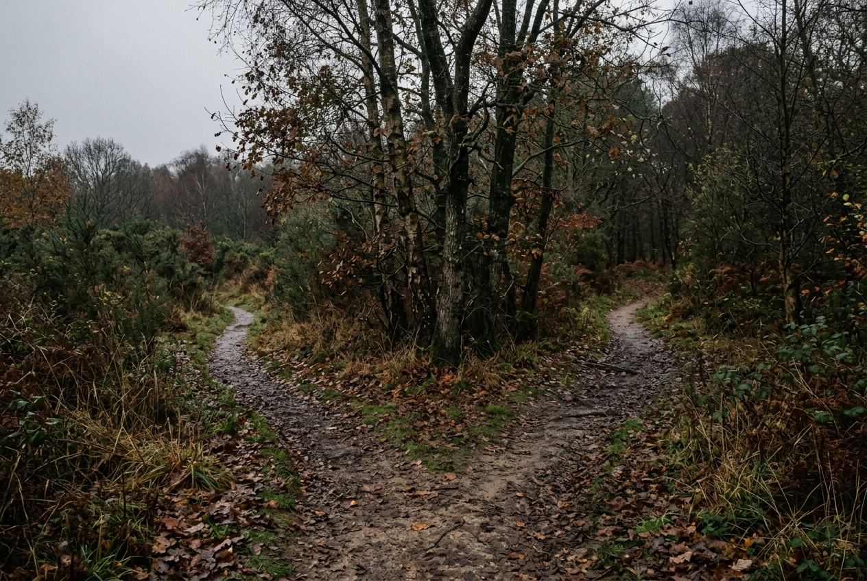 Two equally worn footpaths dividing around a stand of trees in damp autumn undergrowth under flat grey light