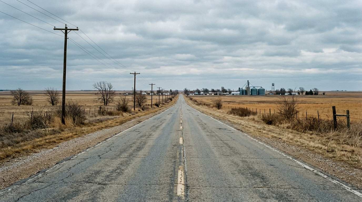 Empty rural American back road under an overcast sky, evoking William Least Heat-Moon travel quotes from Blue Highways