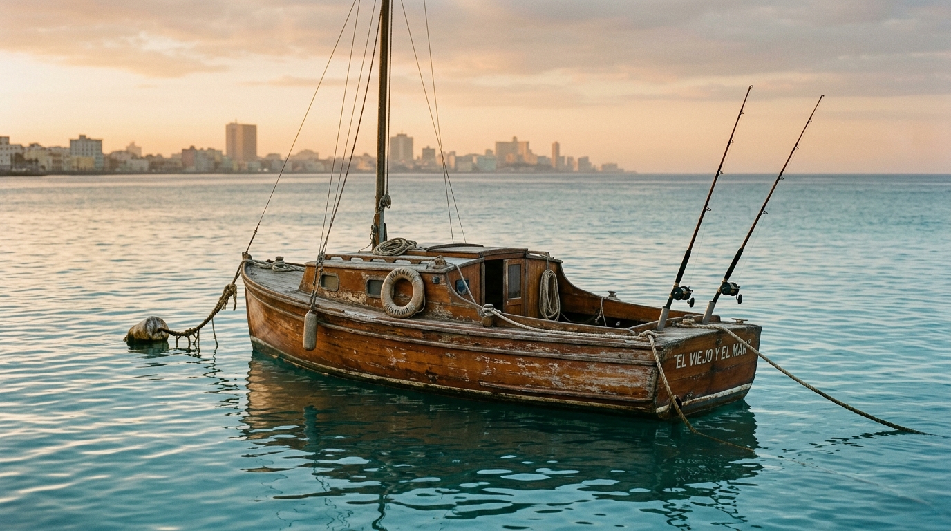 A weathered wooden sport-fishing boat on the Gulf Stream off Cuba at dawn, evoking Ernest Hemingway's years marlin fishing aboard the Pilar.