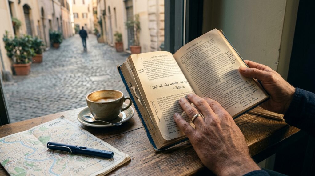 best travel quotes - sitting at a bench reading with a cup of coffee