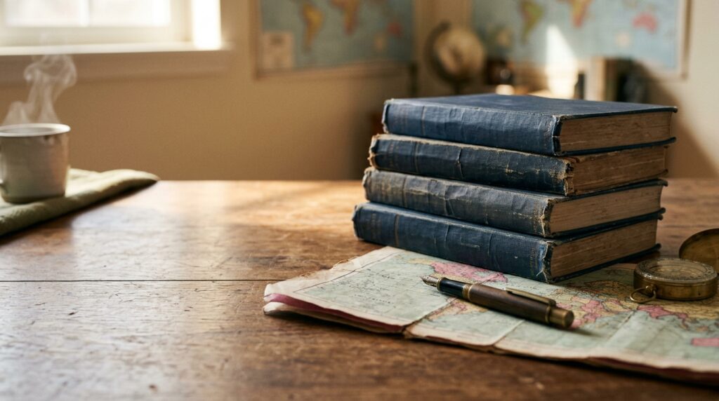 best travel quotes - stack of old books on a table with a cup of coffee