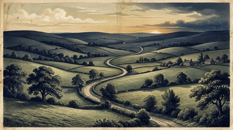 Rolling English hills with a distant road at dusk in an 18th-century engraving style, evoking the traditional song Over the Hills and Far Away