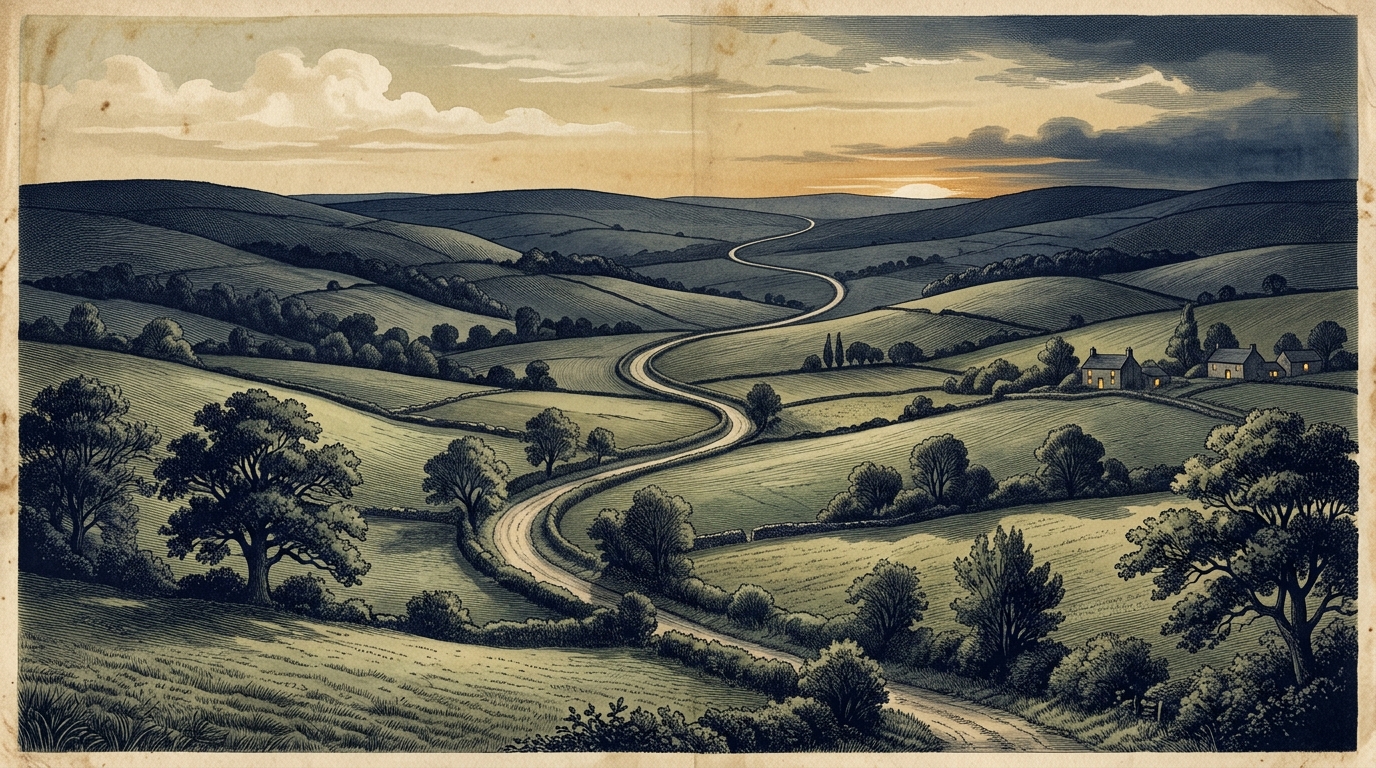Rolling English hills with a distant road at dusk in an 18th-century engraving style, evoking the traditional song Over the Hills and Far Away
