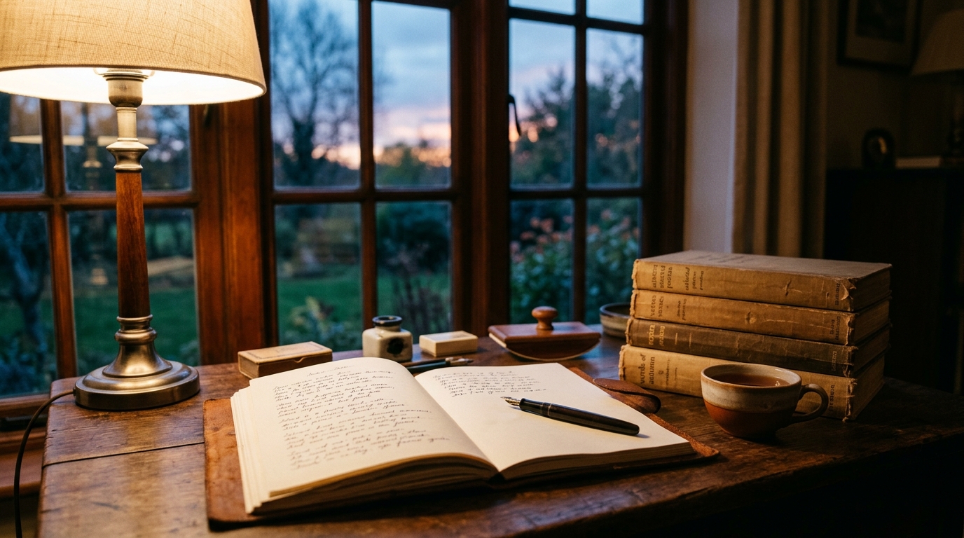A mid-century poet's writing desk at dusk with an open notebook, evoking Muriel Rukeyser travel quotes