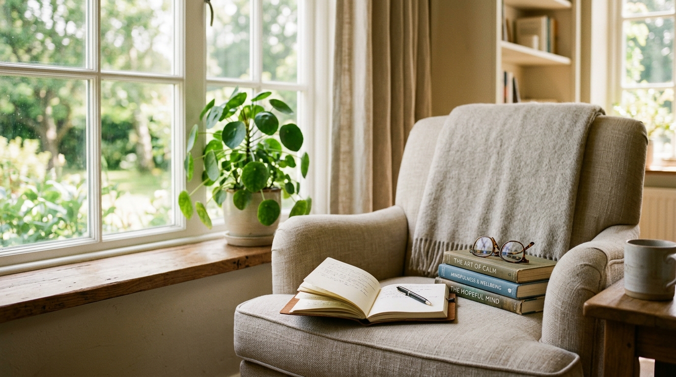 A calm reading nook with an open journal in morning light, evoking Susan Jeffers travel quotes