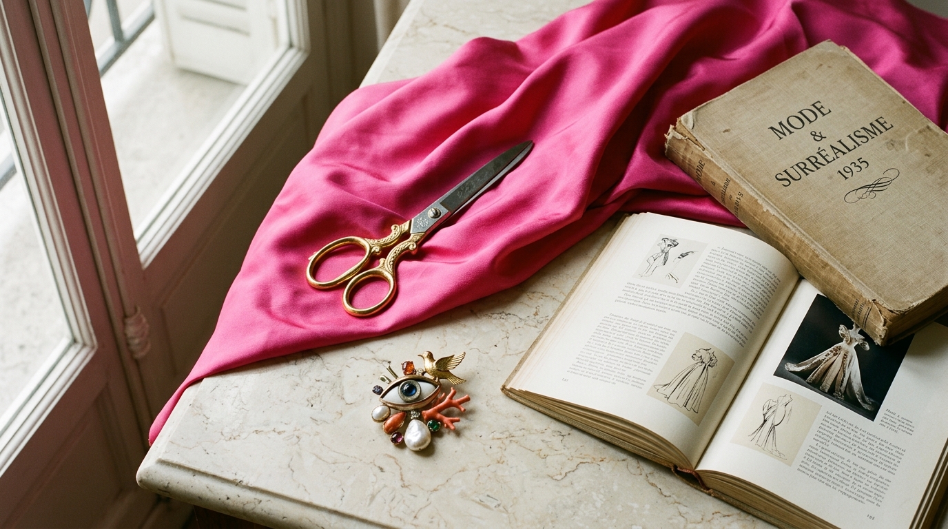 A 1930s Parisian atelier still life with shocking pink silk and an open book, evoking Elsa Schiaparelli travel quotes