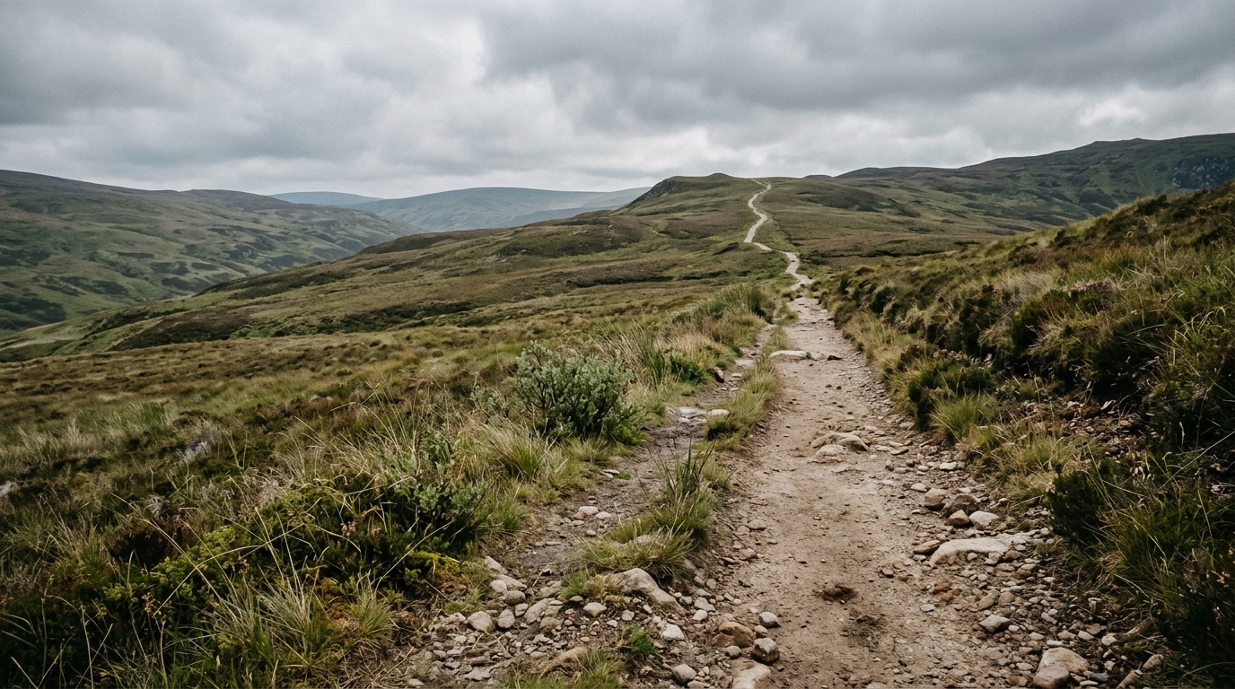 A worn single-track dirt hiking trail climbing away through open high country under flat overcast light