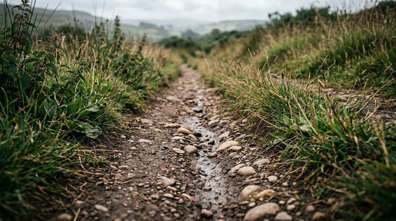 Close view of a worn dirt footpath surface, packed earth and small stones with grass at the edges which are best for hiking quotes