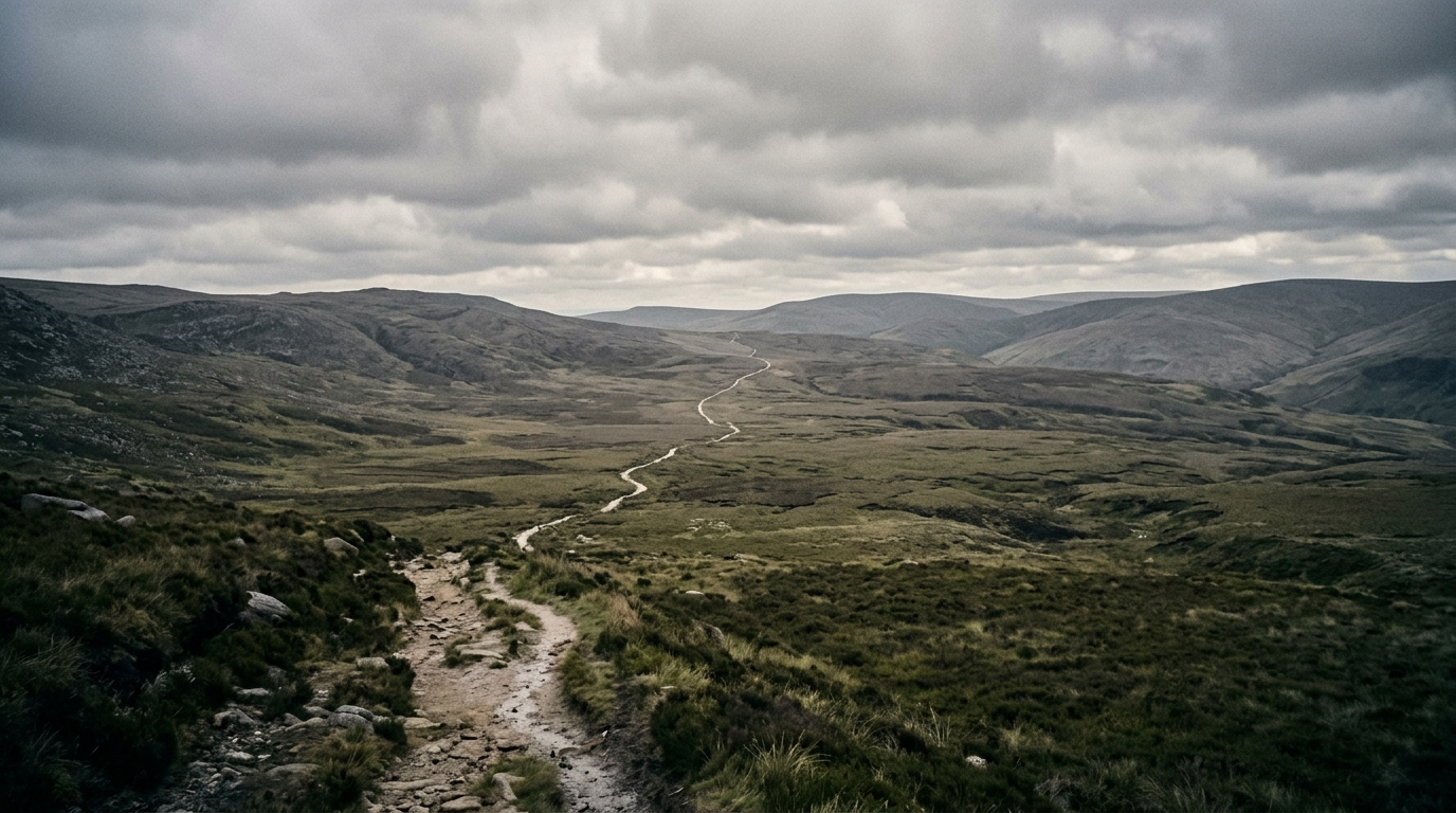 A thin pale footpath threading across open moorland and disappearing over a rise under flat grey weather