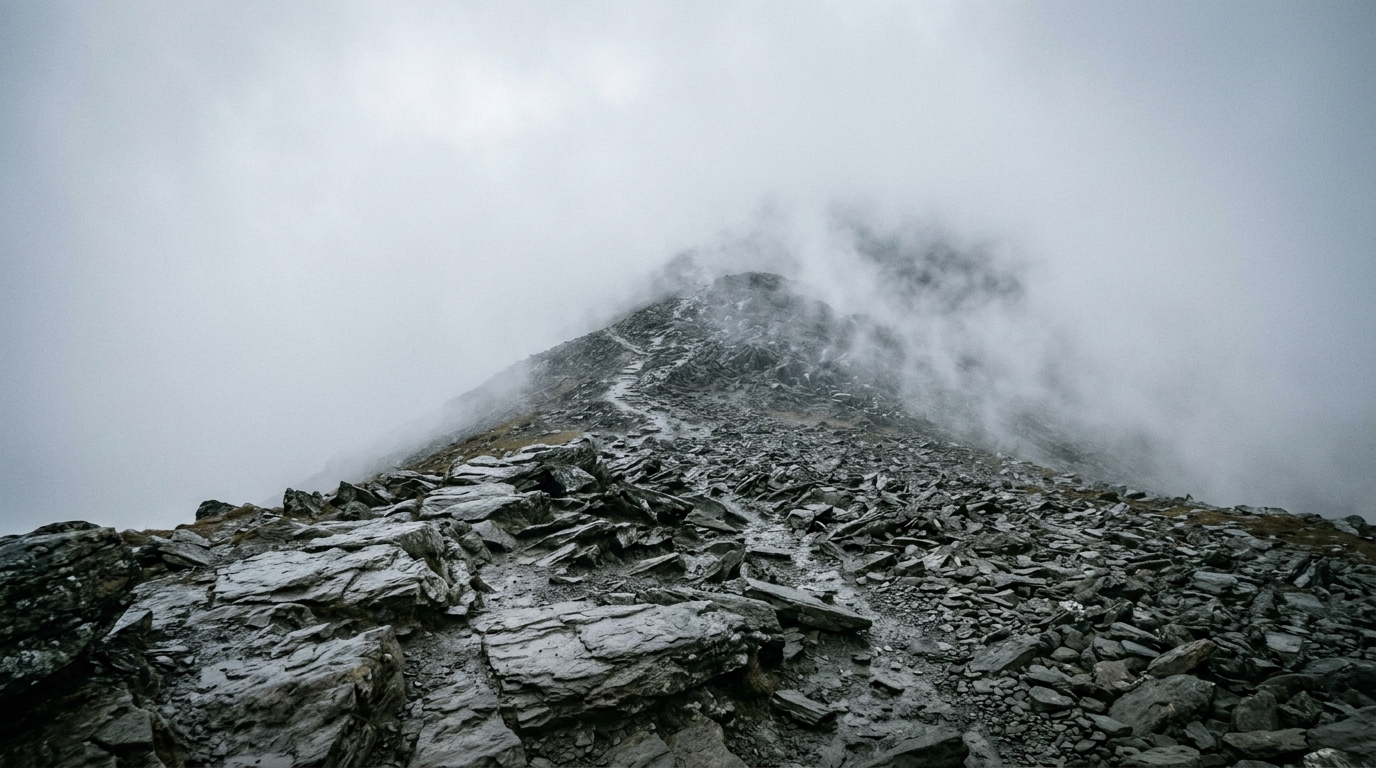 A rocky upper trail disappearing into low cloud so the top of the climb is not visible