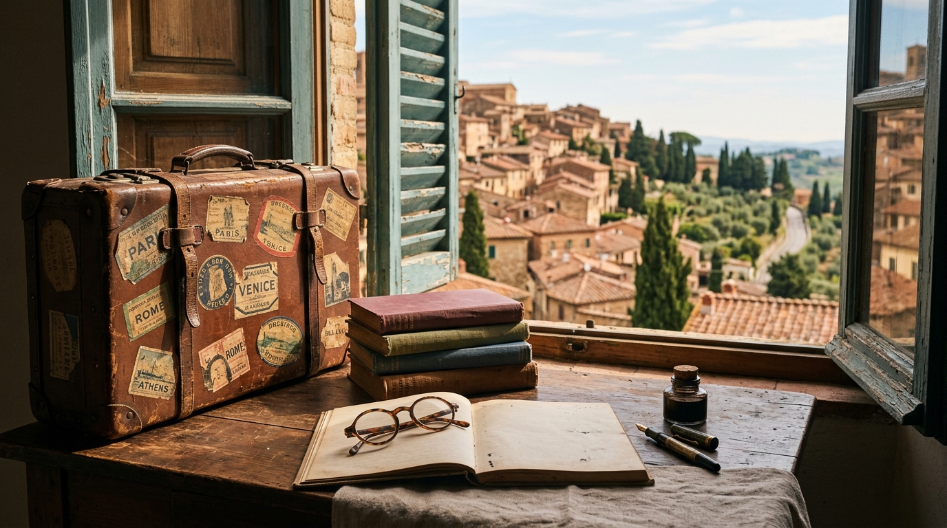 A 1920s writer's desk with a leather suitcase, books and round spectacles by a window looking onto an Italian hill town