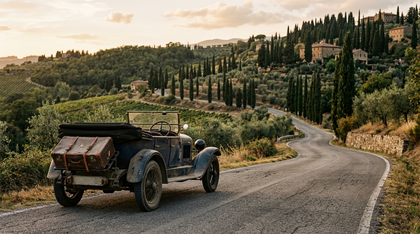 A 1920s open-top touring car on a winding Italian mountain road lined with cypress trees in golden light for Aldous Huxley travel quotes
