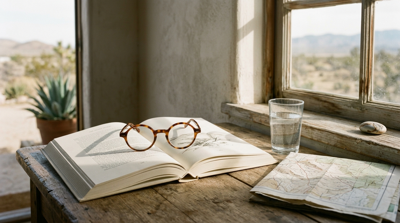 Round tortoiseshell spectacles resting on an open book by a sunlit window with a folded map and desert light for Aldous Huxley travel quotes