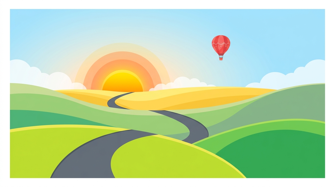 Illustration of a winding path over rounded hills toward a sunrise with a small hot-air balloon