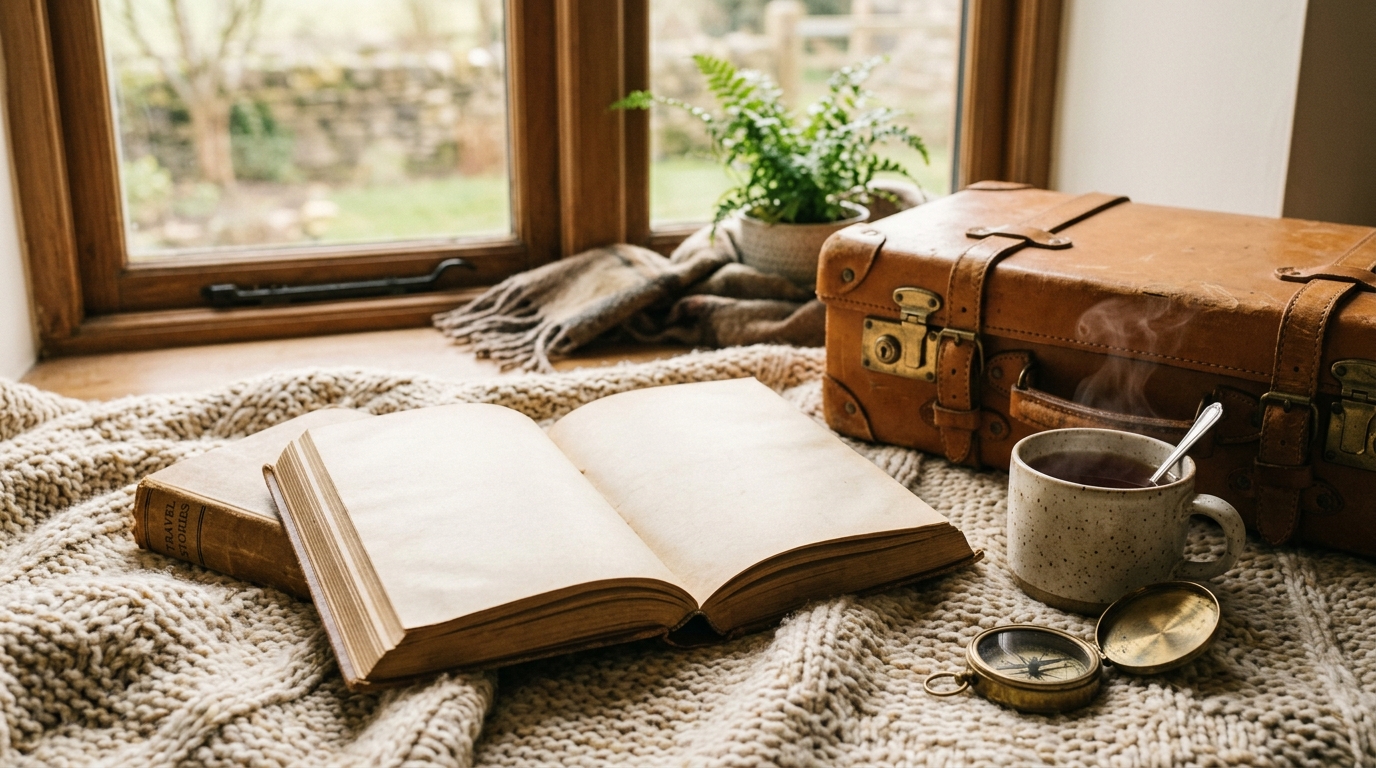 Open book beside a tan leather suitcase, brass compass and mug on a knitted blanket for Dr. Seuss travel quotes