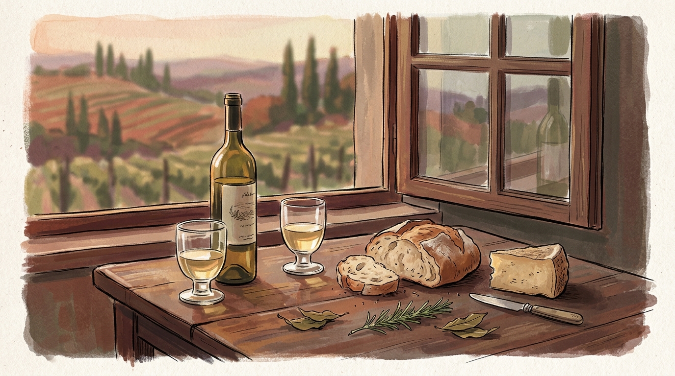 Stylised illustration of an Italian osteria table with Friulian wine, bread and vineyard hills, evoking Joe Bastianich's food and wine travel