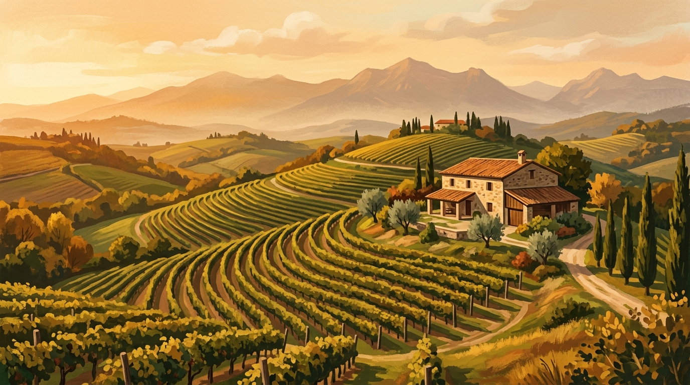 Stylised illustration of vineyard hills in Friuli, north-east Italy, at golden hour with a stone farmhouse