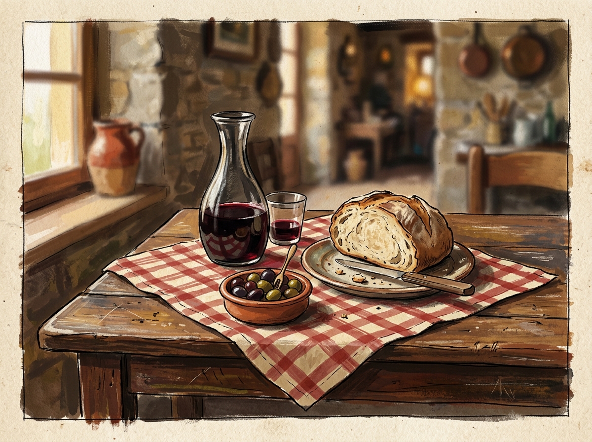 Stylised illustration of a rustic Friulian frasca table with a carafe of red wine, bread and olives