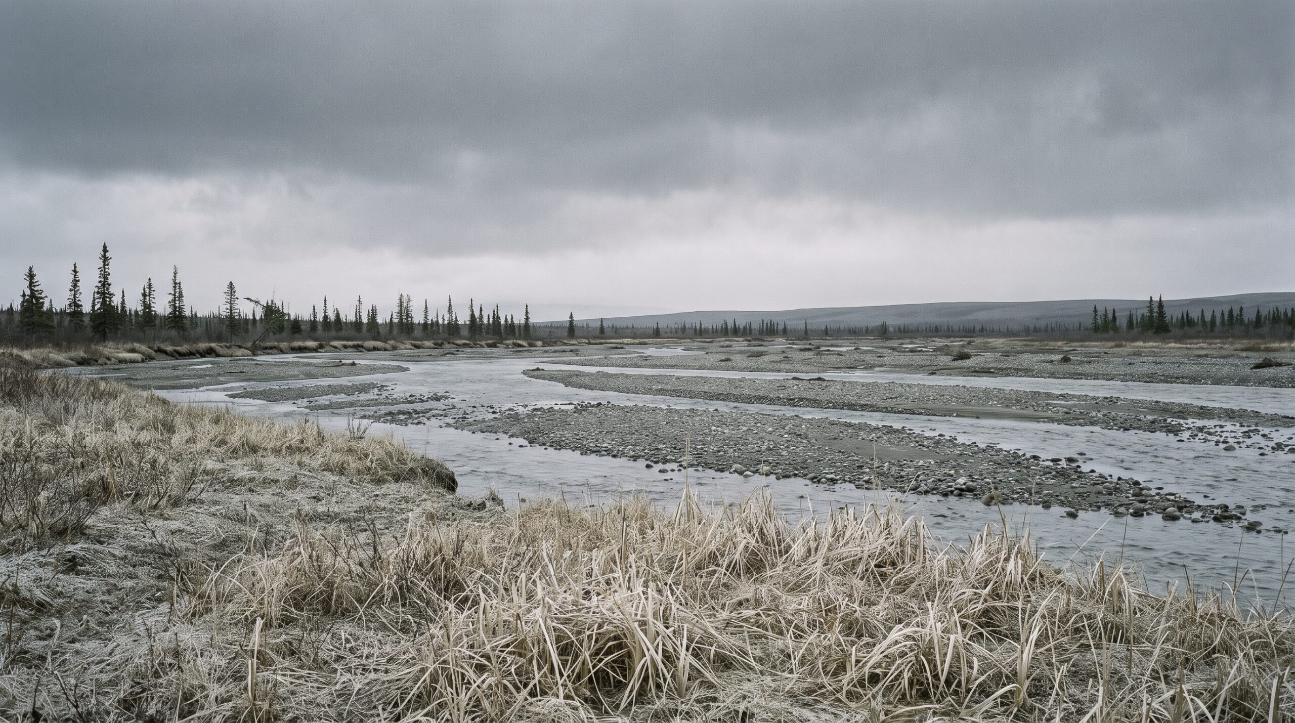 Wide empty braided river bed of grey gravel running back to a low ridge under flat overcast light, thin black spruce along the far bank, for Into the Wild quotes