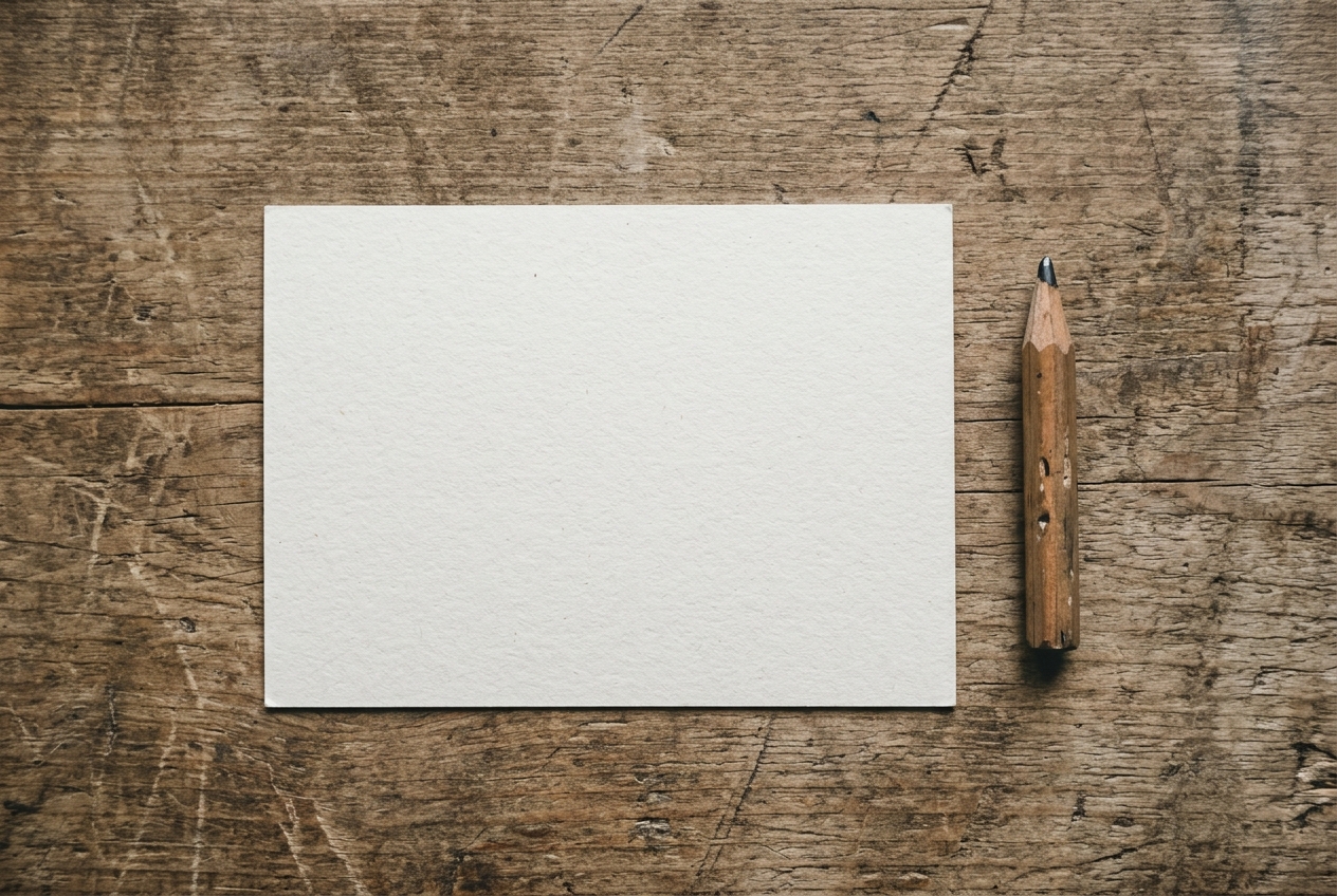 Blank postcard and a short pencil stub lying on worn unvarnished timber in soft daylight, for Into the Wild quotes