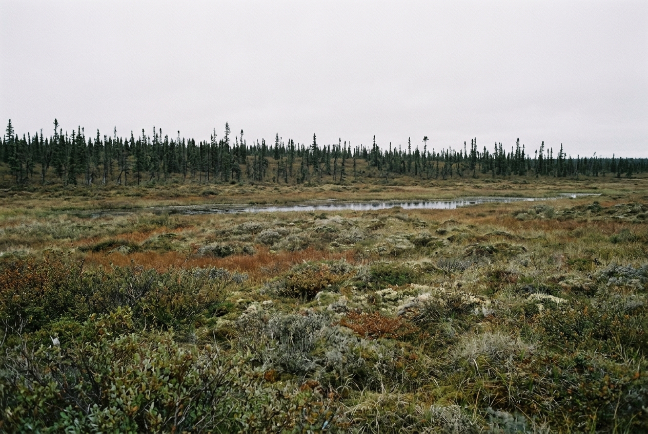 Thin black spruce treeline meeting low scrubby tundra under a flat pale sky with a band of standing water beyond, for Into the Wild quotes