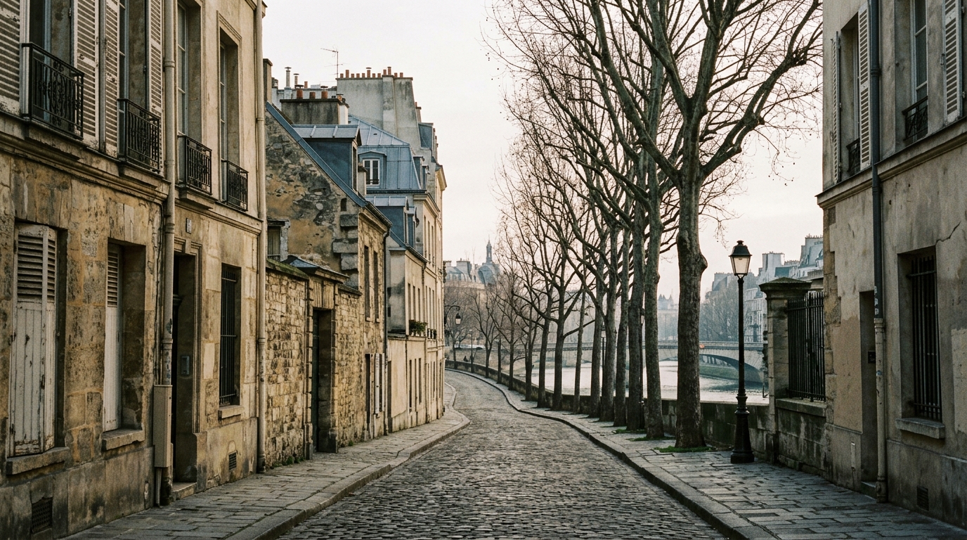 A quiet old Paris street leading toward the Seine embankment in soft morning light