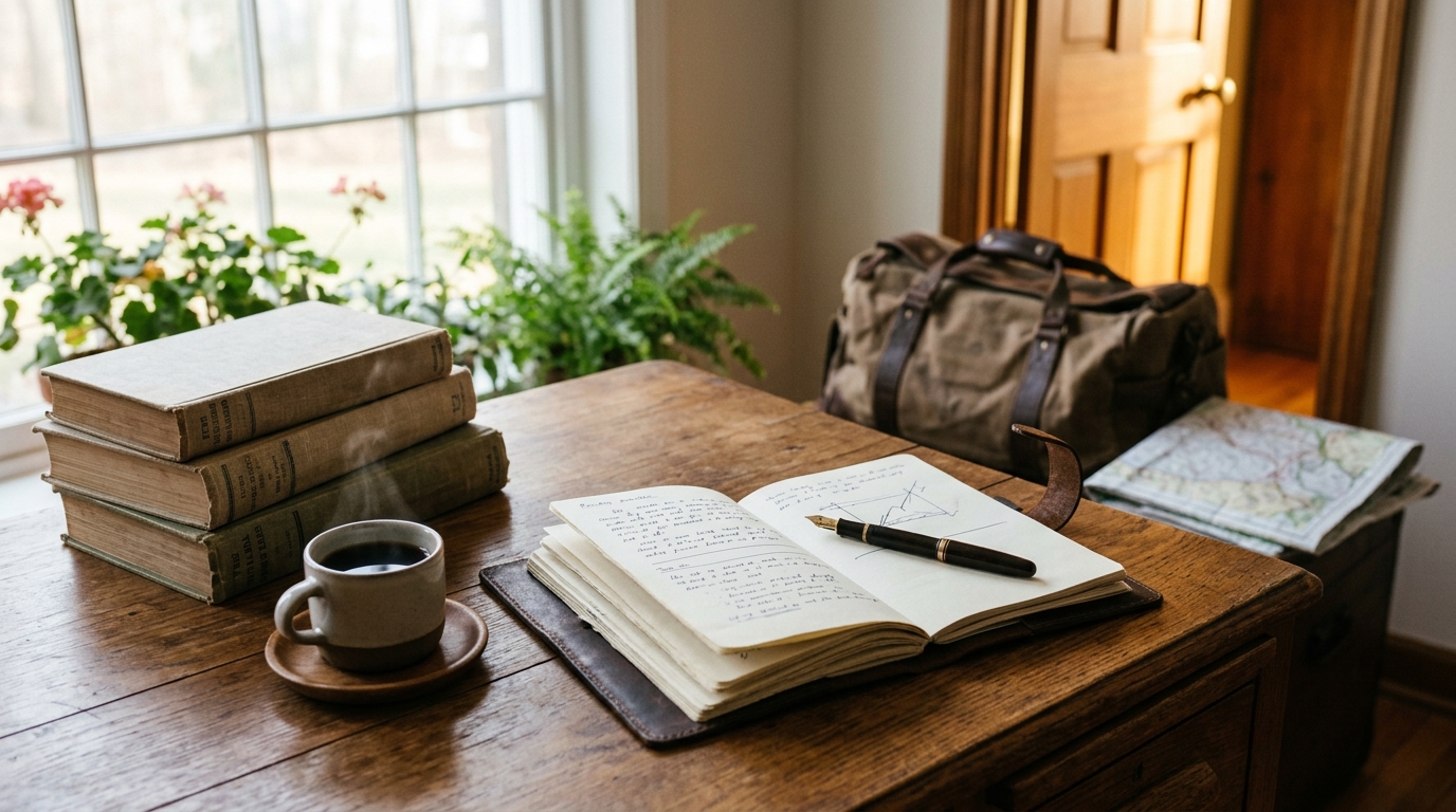 Notebook, pen and a packed travel bag at dawn for Jim Rohn travel quotes and lifestyle design