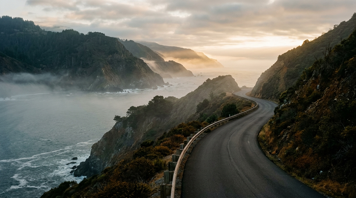 A winding coastal highway along the foggy Big Sur cliffs of California at dawn, evoking Jack Kerouac's Big Sur.