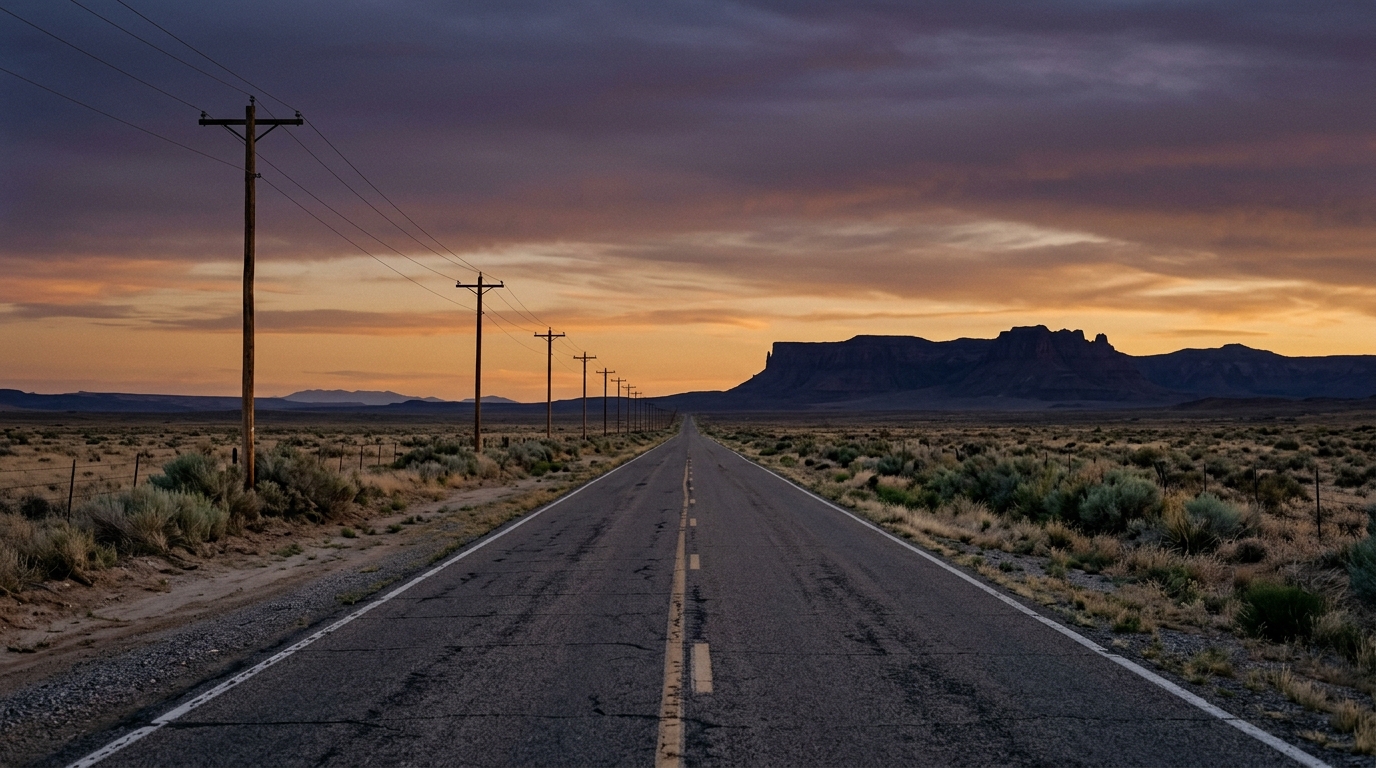 An empty 1950s American highway running straight to the horizon in the desert Southwest at dusk, evoking the open road of Jack Kerouac's On the Road.