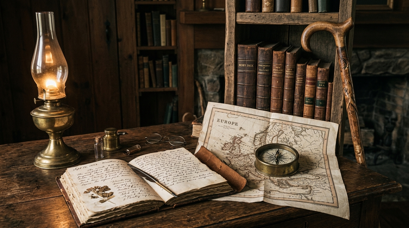 Open leather journal and brass ship compass on a folded map of Europe on a lamplit writing desk in an old New England study
