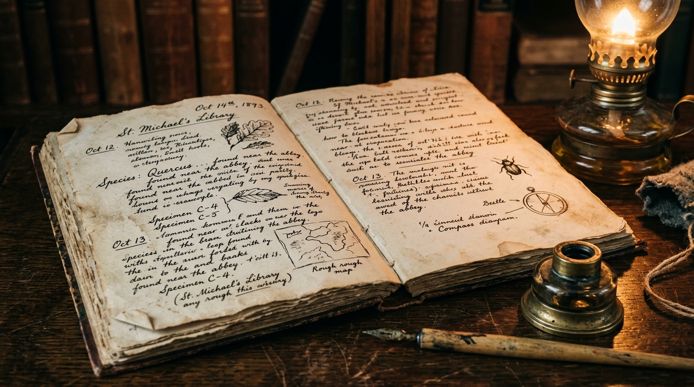 Handwritten journal page in warm lamplight beside an oil lamp in an old library reading nook for Ralph Waldo Emerson travel quotes