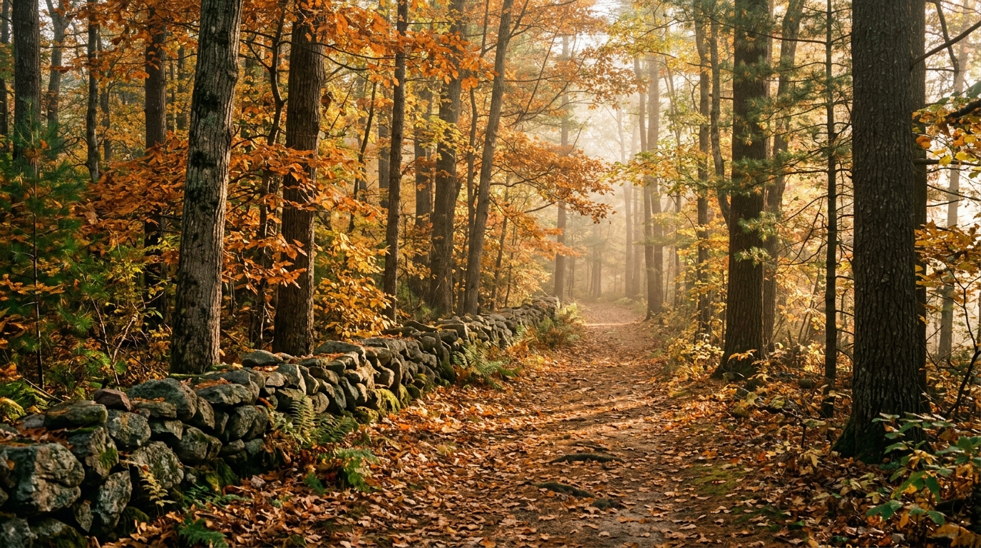 Quiet New England woods path in autumn with golden light through maples beside a low stone wall for Ralph Waldo Emerson travel quotes