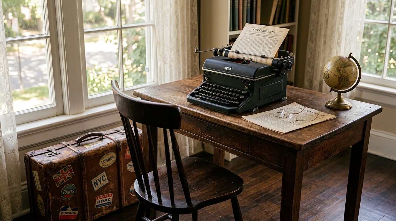 A 1940s writing desk with a typewriter, reading glasses, a small globe and a sticker-covered leather suitcase in warm morning light