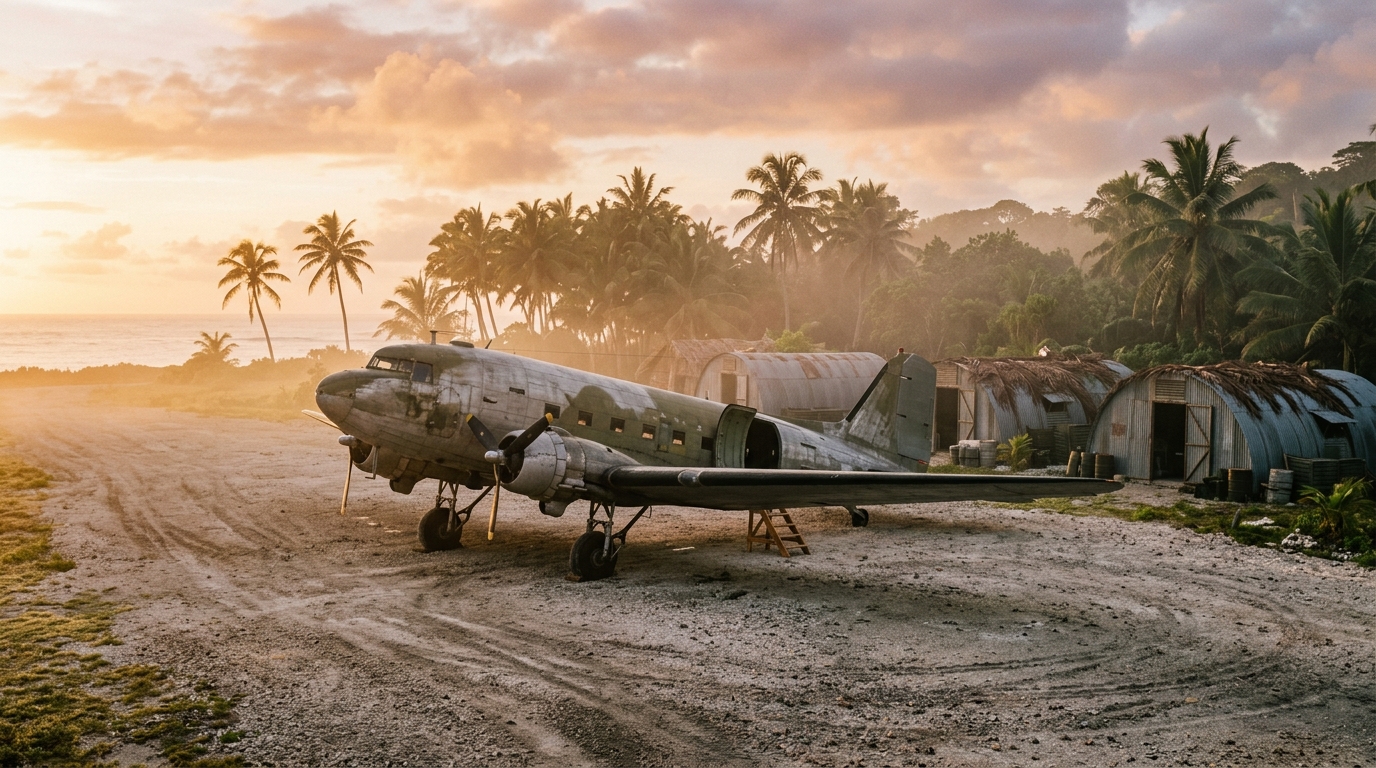 A 1940s twin-propeller aircraft on a crushed-coral Pacific island airstrip at dawn with palm trees and Quonset huts behind for eleanor roosevelt travel quotes