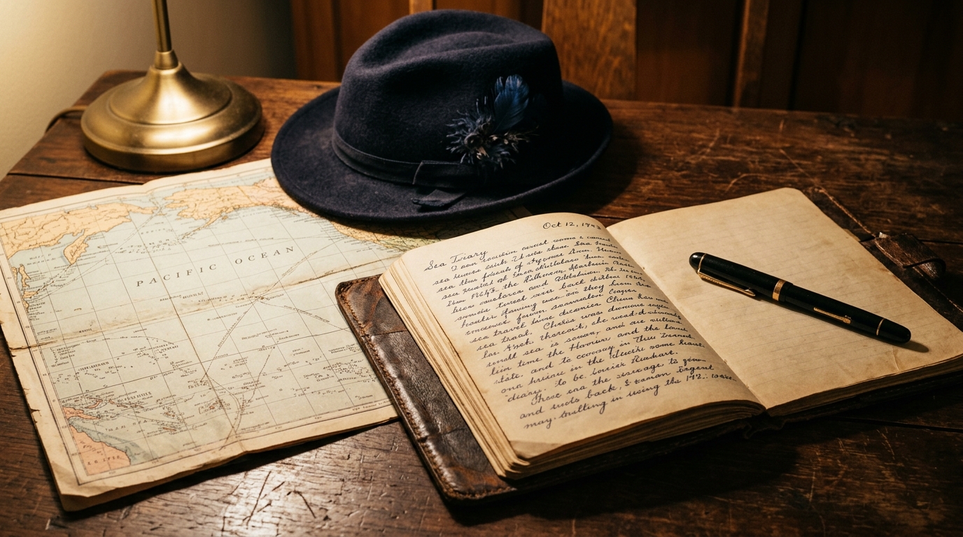 An open leather travel diary with a fountain pen, a vintage feathered hat and a folded 1940s Pacific map on a dark wooden table in lamplight