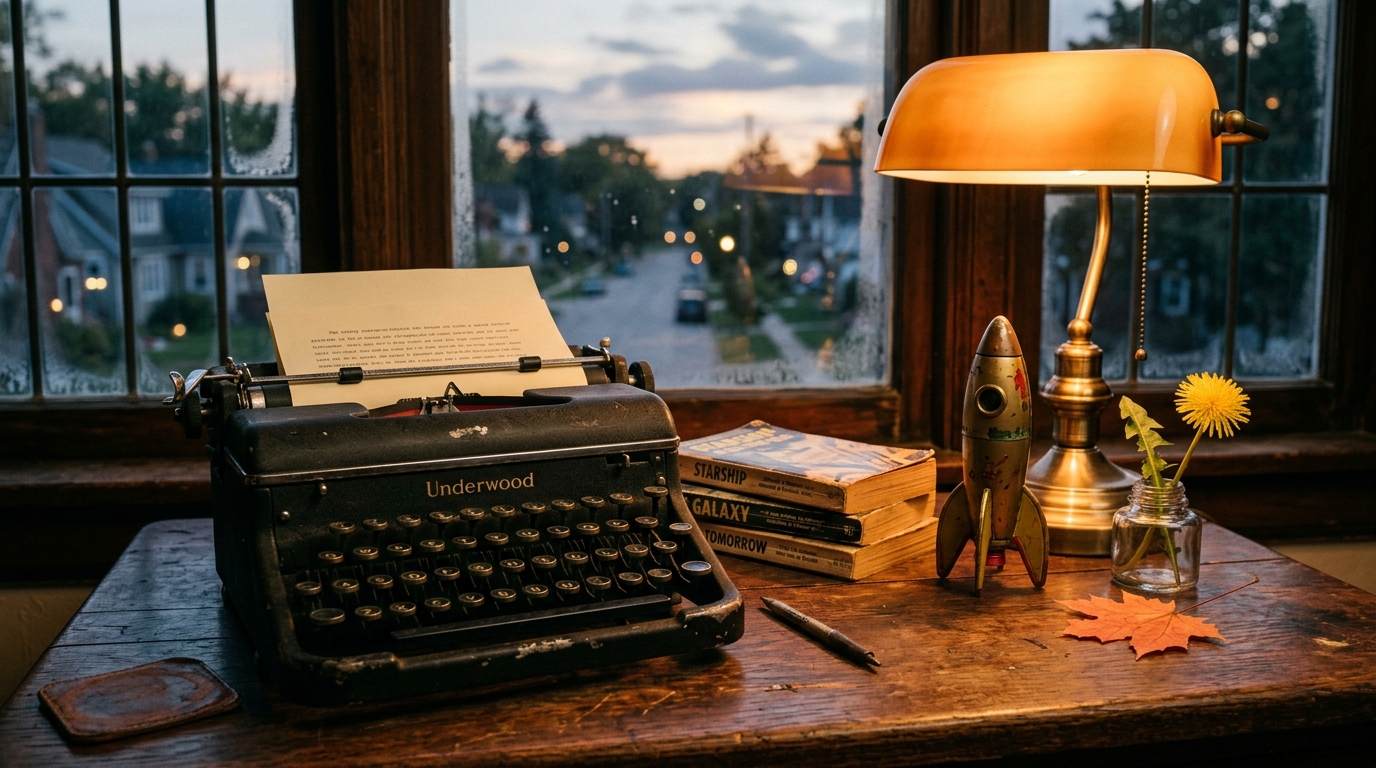 A golden-hour writer's desk with a vintage typewriter, stacked paperbacks, a tin toy rocket, a dandelion in a jar and an autumn leaf by a frosted window