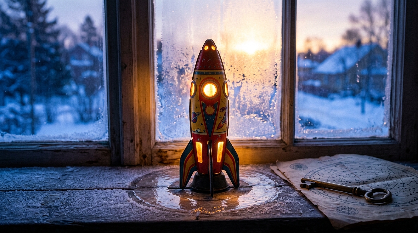 A vintage tin toy rocket on a frosted windowsill at dawn, glowing warm and melting the frost around it beside an old star chart for Ray Bradbury travel quotes
