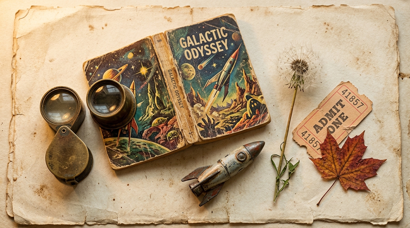 A flatlay of an open vintage paperback, a brass loupe, a small model rocket, a dandelion, a carnival ticket and a pressed leaf on aged paper for Ray Bradbury travel quotes