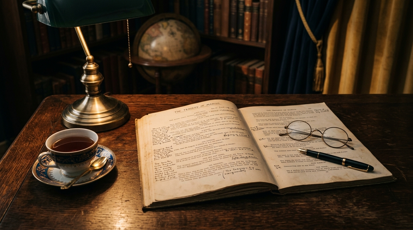 An open playscript with handwritten margin notes beside wire-rimmed spectacles and a fountain pen under warm lamplight