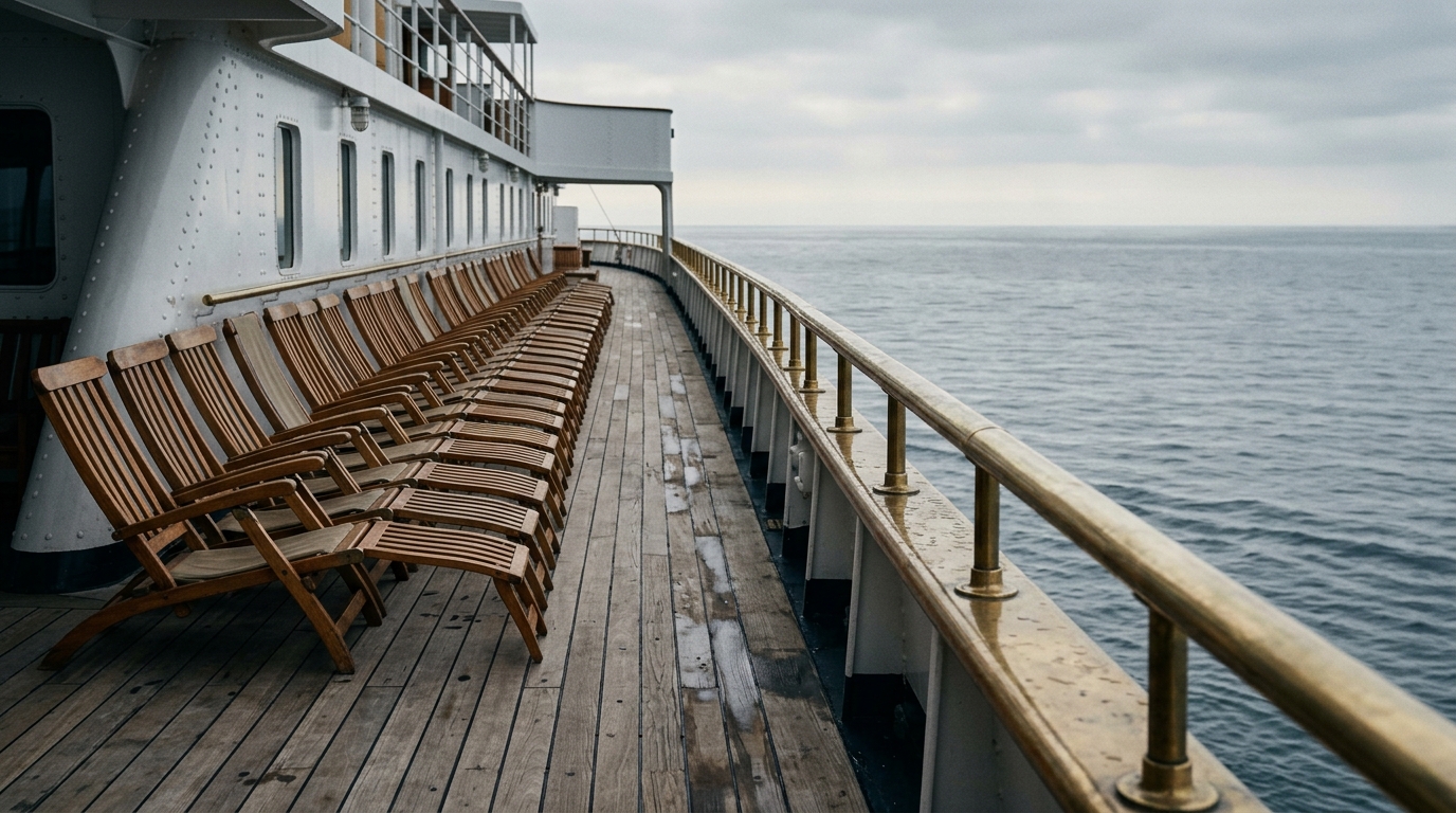 Empty wooden deck chairs along the brass railing of a vintage ocean liner promenade looking out to a calm grey sea for George bernard shaw travel quotes