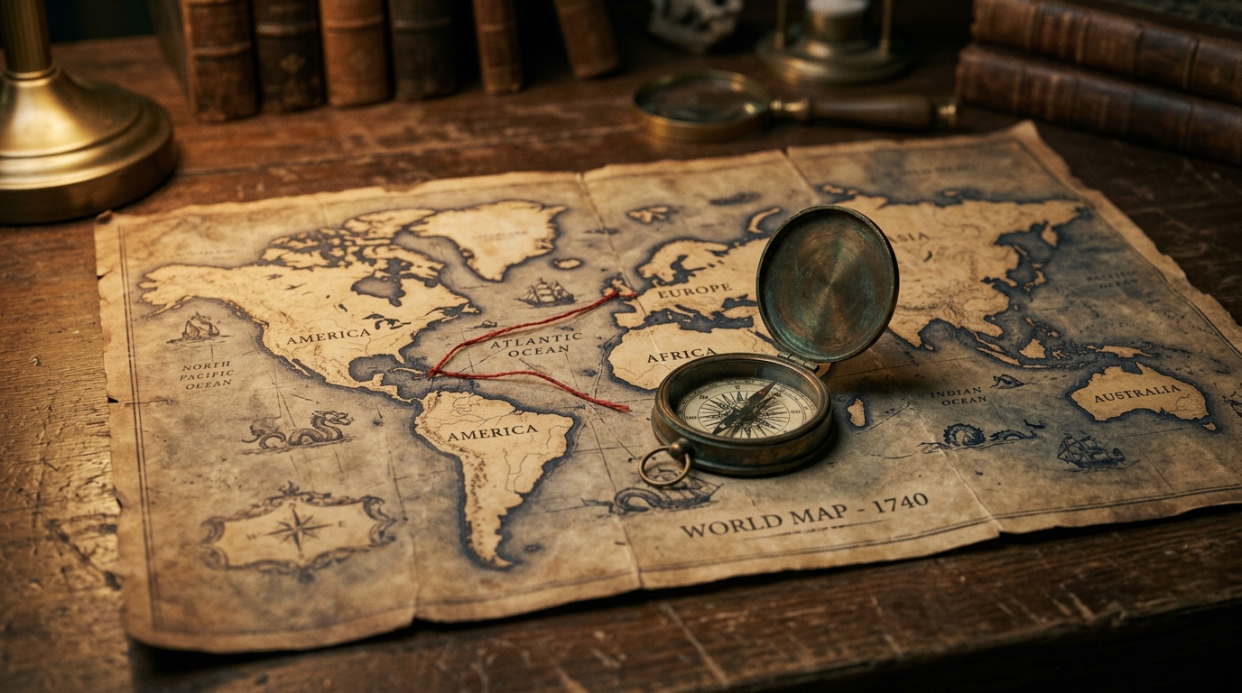 A weathered antique world map with a brass compass and a length of thread tracing a sea route across it for George bernard shaw travel quotes